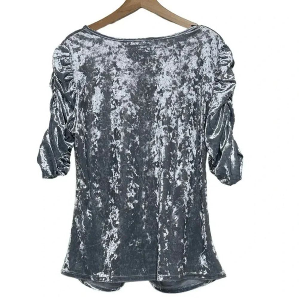 Boston Proper Top XL Silver Crushed Velvet Ruched Front Split Neck Elbow Sleeve - Picture 2 of 9